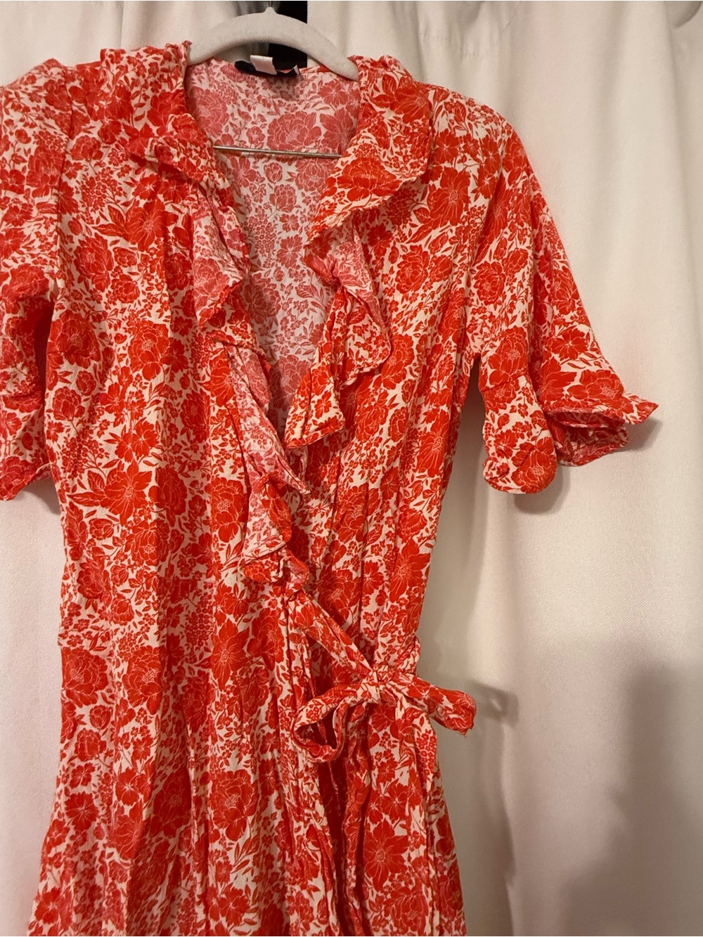 Topshop Reddish Orange Floral Mini Wrap Ruffle Dress with Short Sleeves Size S - Picture 4 of 6